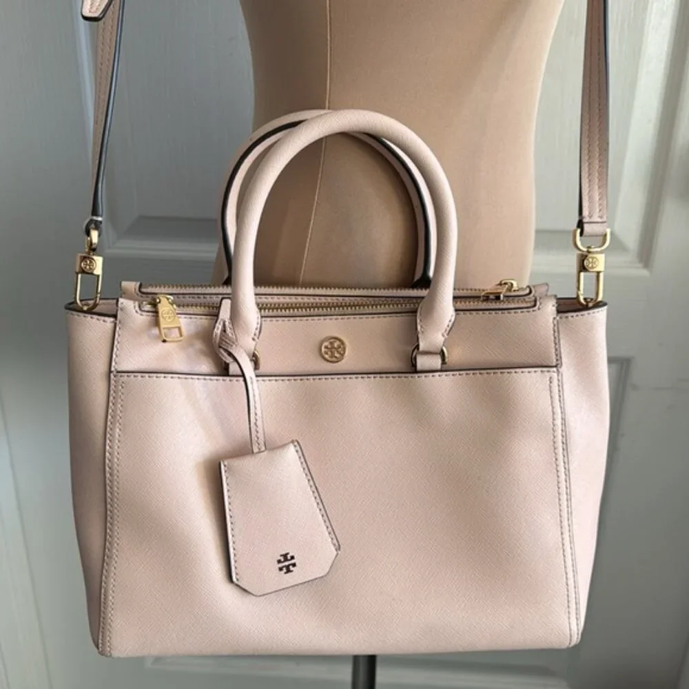Tory Burch Double Zip Saffiano Leather Pink Tote Handbag Cossbody